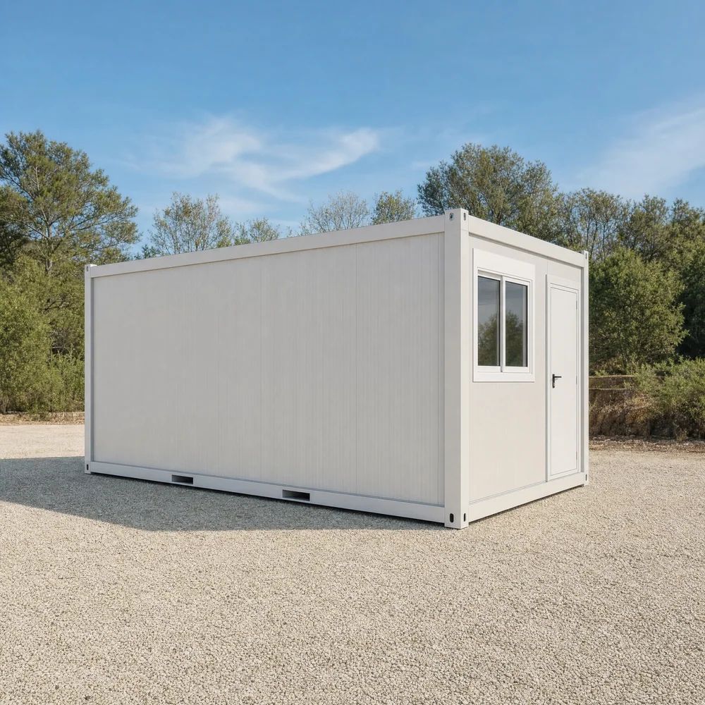 Module préfabriqué neuf, façade blanche d'origine, avant habillage